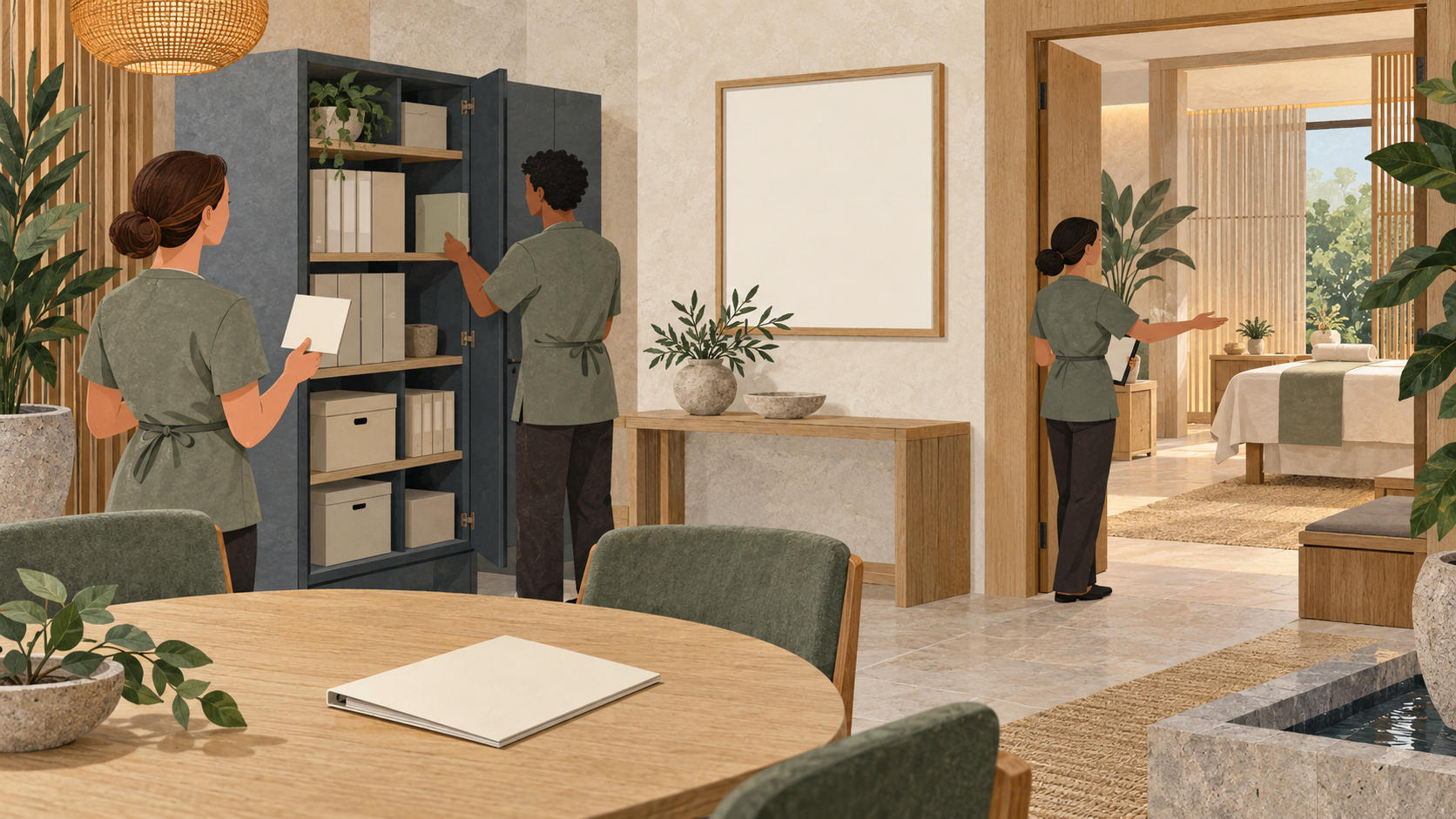 Editorial illustration of three fictional spa staff checking a blank card, secure archive, wall frame and guest-facing treatment doorway
