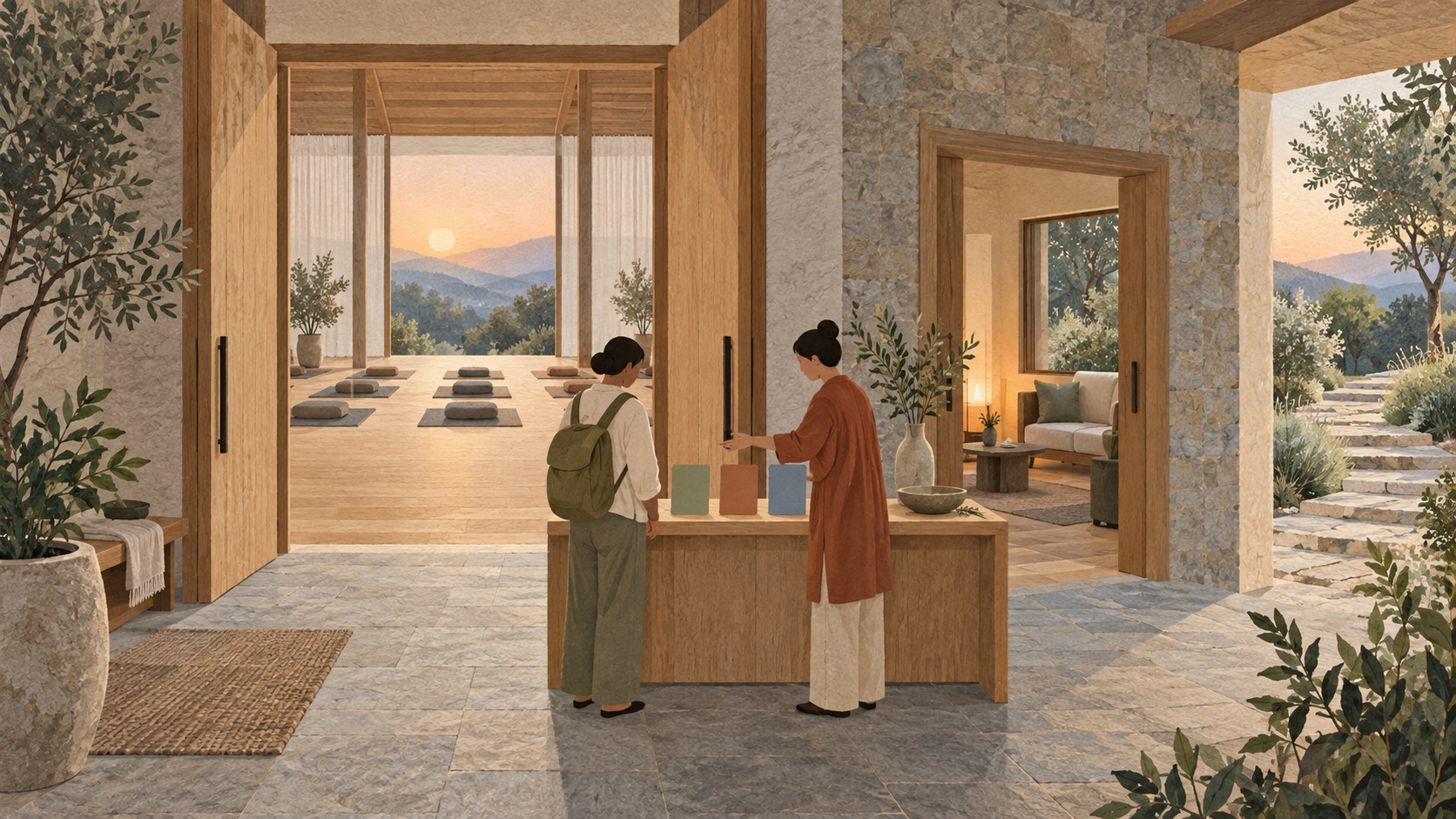 Editorial illustration of a fictional retreat facilitator and participant reviewing blank cards beside an open practice hall and quiet lounge