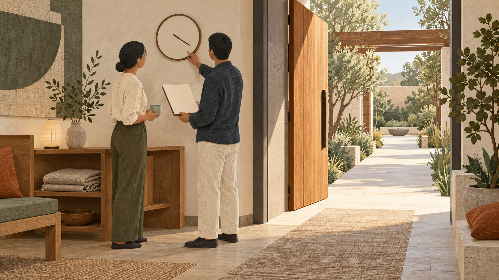 Editorial illustration of two fictional retreat staff checking a blank folder and unmarked clock beside an open daylight exit