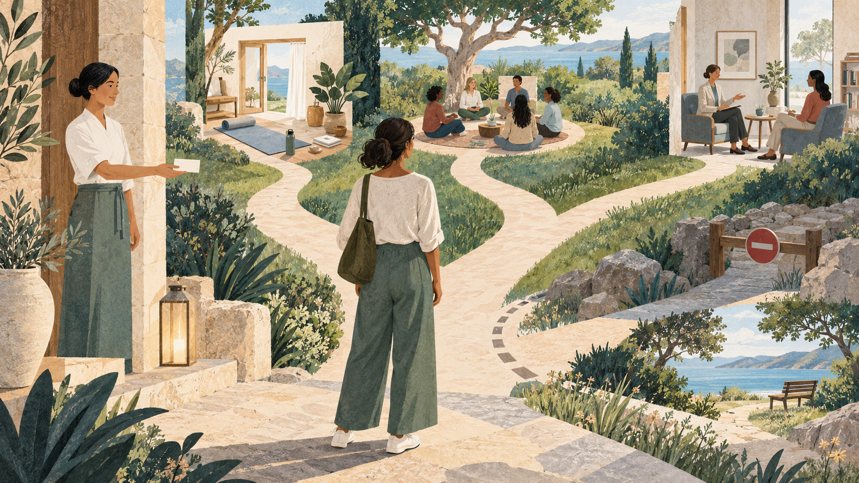 Editorial illustration of a guest choosing between a home routine, peer community and qualified support, with a visible stop path