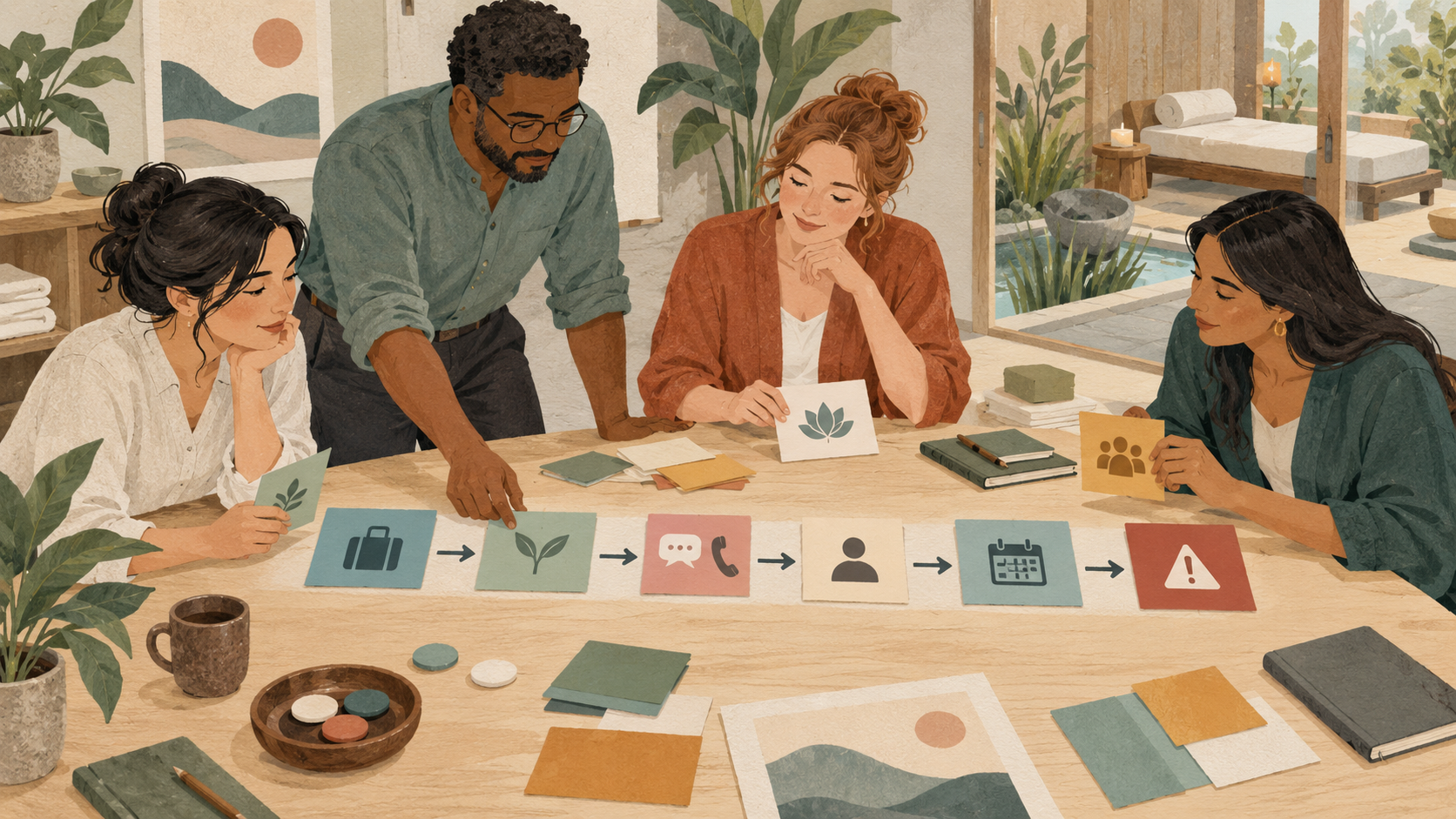 Editorial illustration of a spa team arranging an unlabeled post-retreat service blueprint from departure to review and boundaries