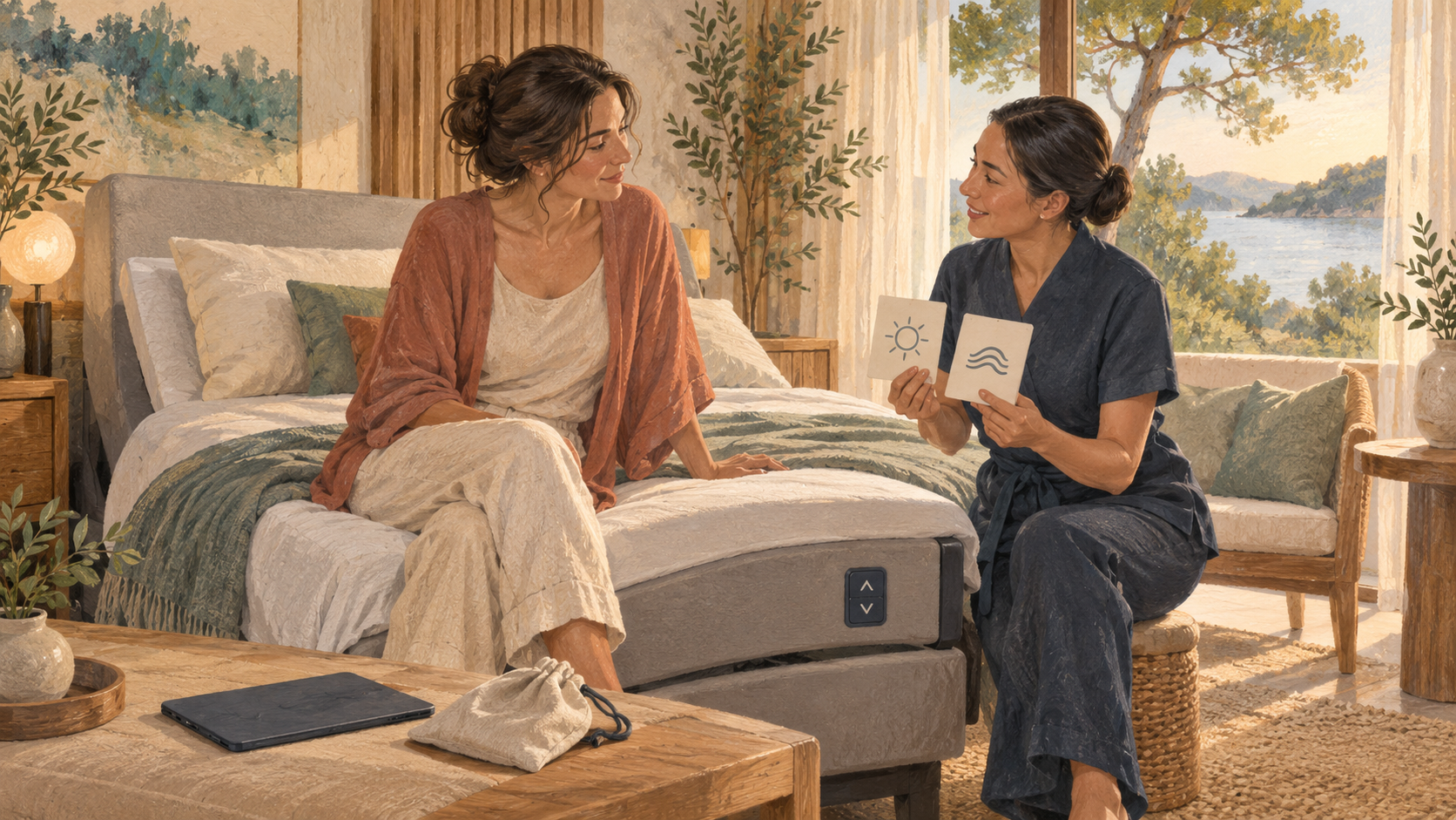 Editorial illustration of a guest choosing optional bed controls while a wellness host explains them