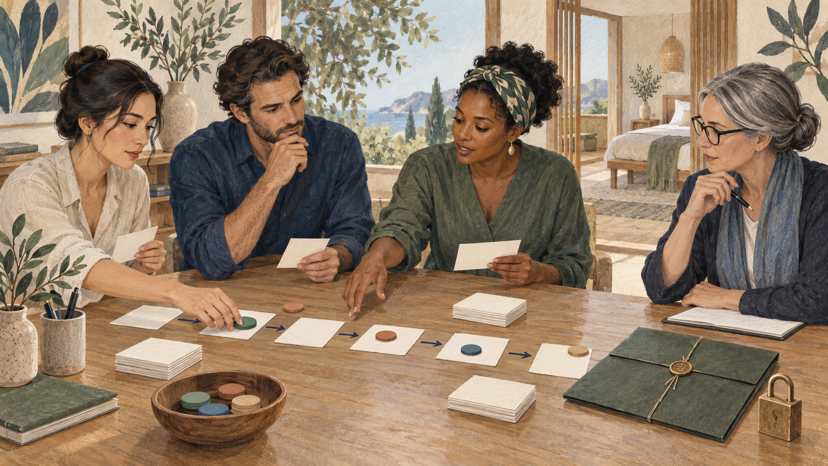 Editorial illustration of four retreat professionals mapping a guest pathway with blank cards and a sealed folder