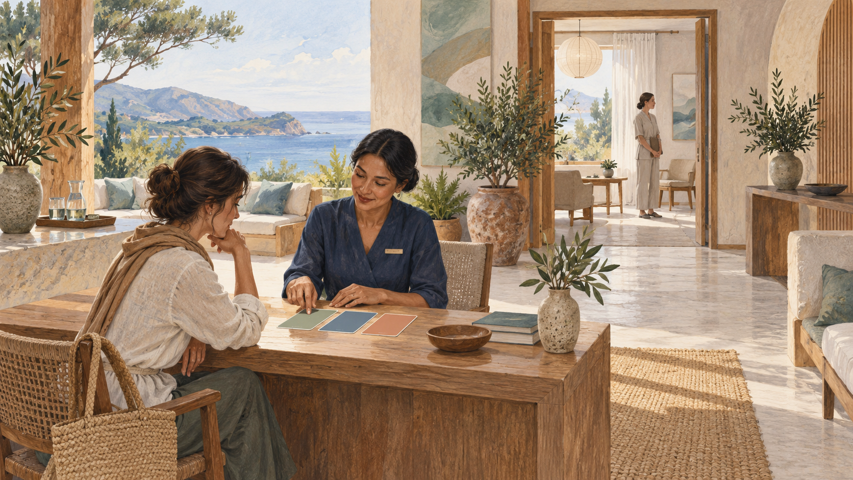 Editorial illustration of a guest and wellness facilitator reviewing blank programme cards with a separate consultation room behind them