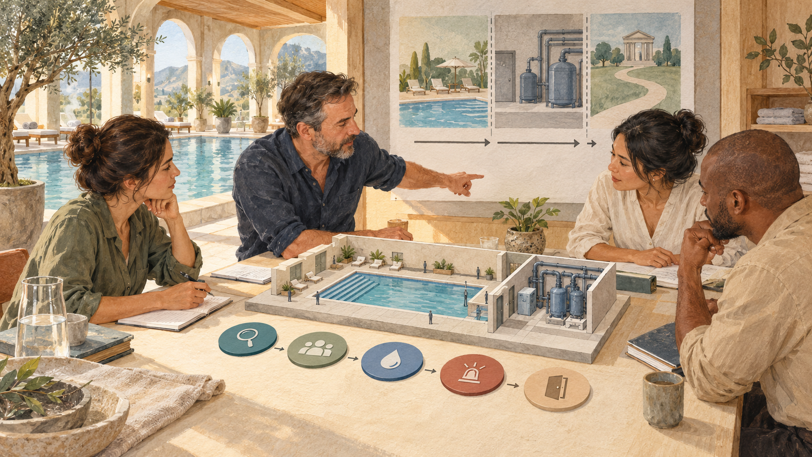 Editorial illustration of a spa operations team rehearsing inspection, training, water-quality, incident and reopening handovers around a pool model