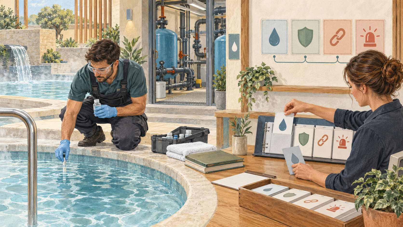 Editorial illustration of a spa technician sampling pool water while a supervisor updates blank linked standards cards