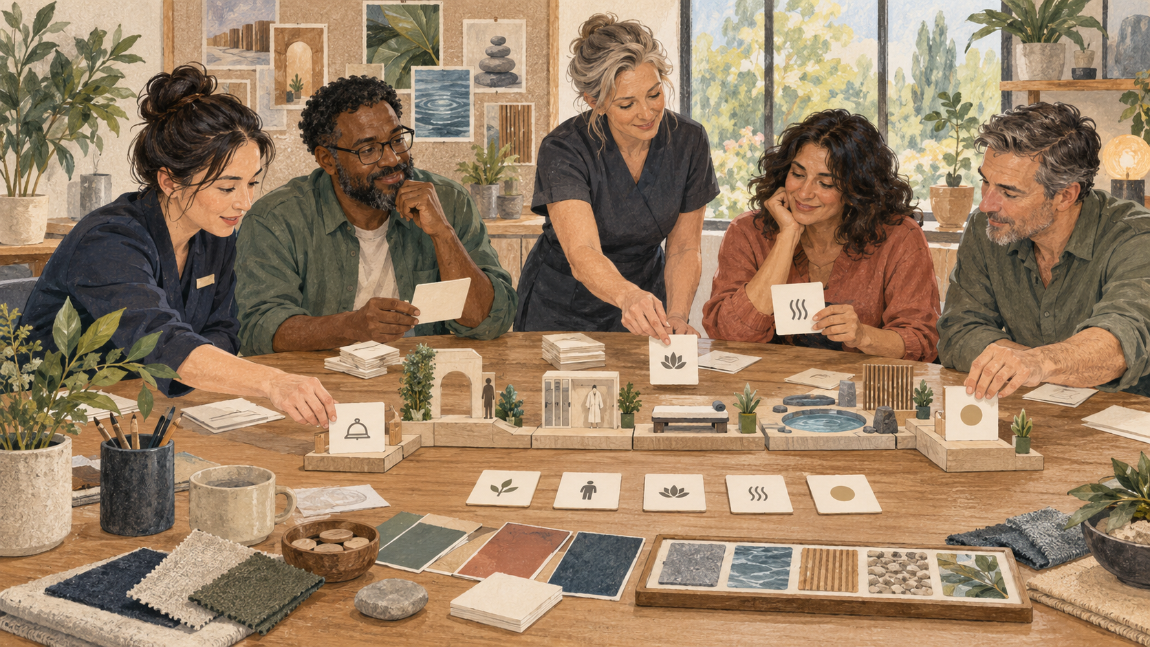 Editorial illustration of spa staff and guest reviewers co-designing an understandable journey with blank cards and a tactile model