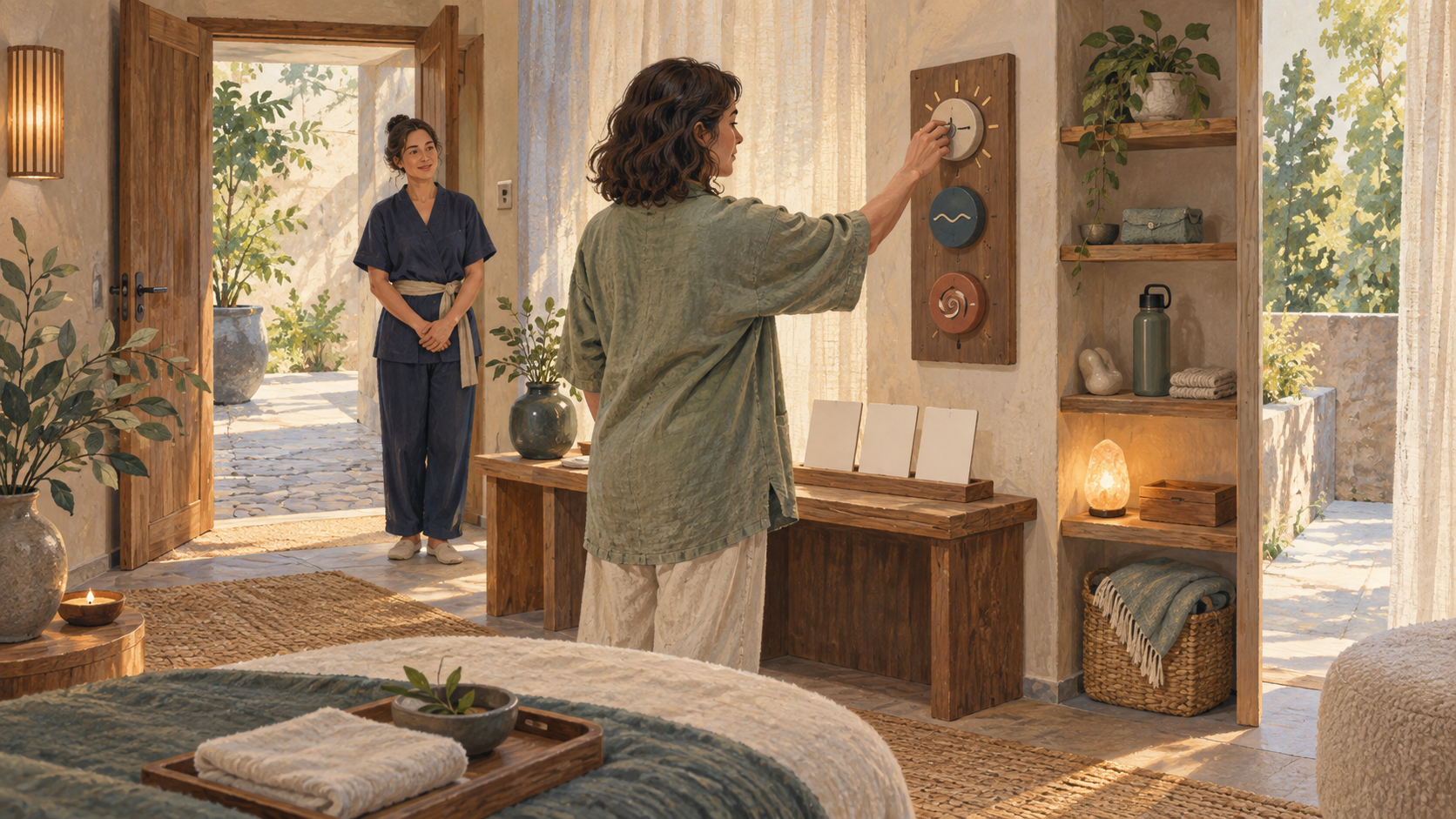 Editorial illustration of a guest independently adjusting simple sensory controls while a spa therapist waits nearby
