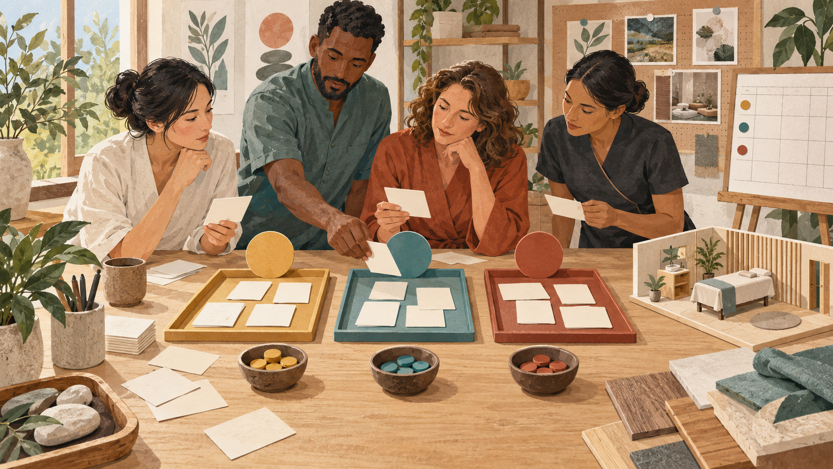 Editorial illustration of a spa team sorting blank conference cards into three evidence states around a fictional treatment-room model