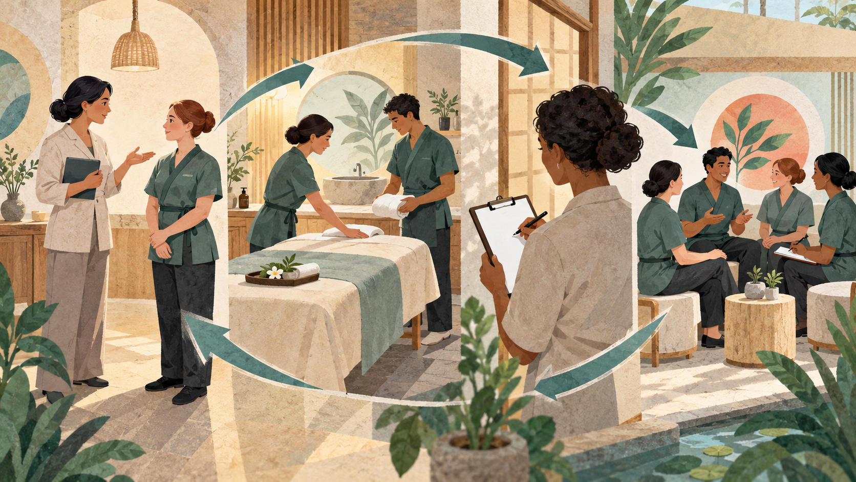 Editorial illustration of a spa team moving through briefing, rehearsal, observation and feedback in a continuous cycle