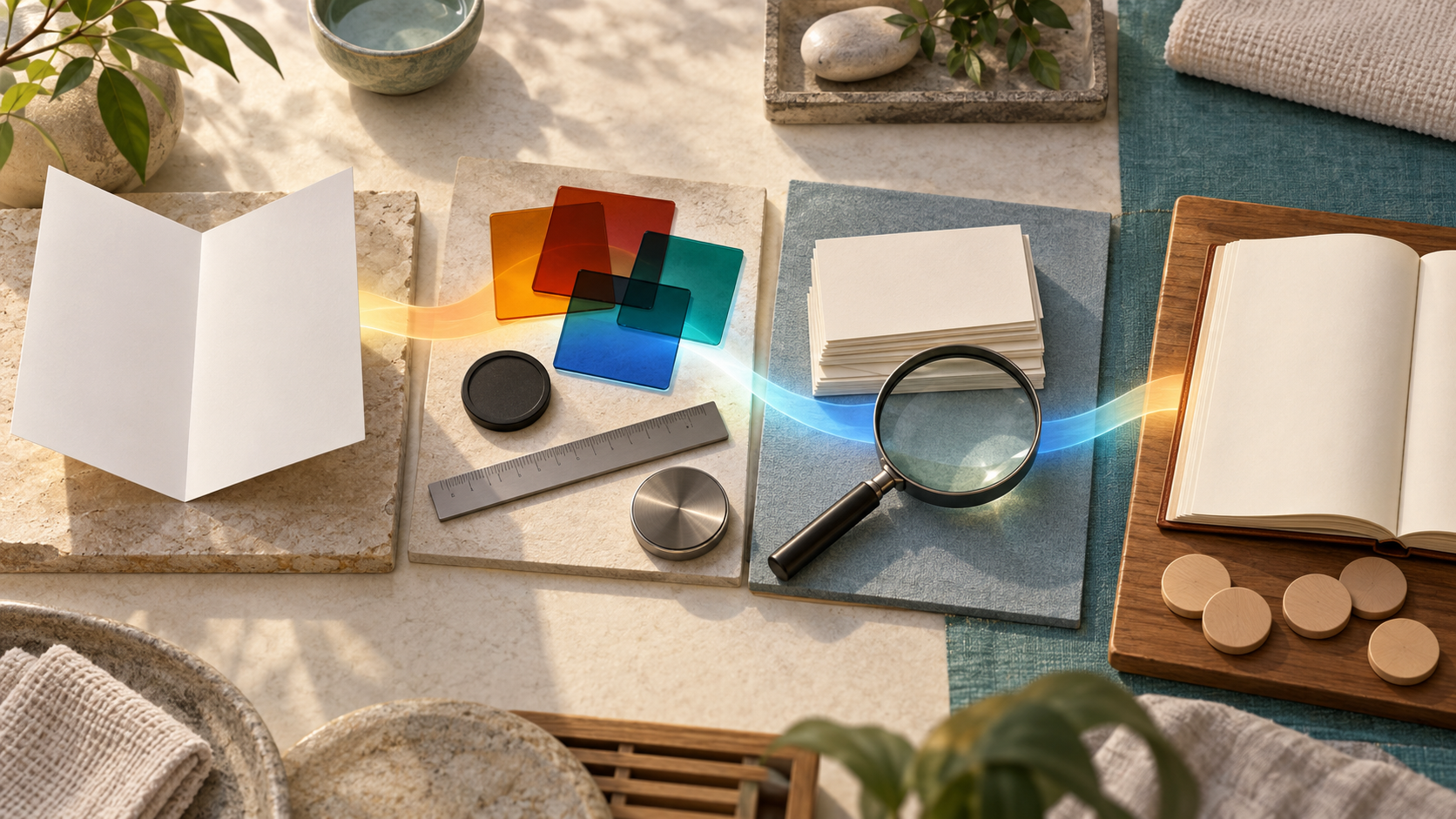 Editorial still life of blank supplier, specification, evidence review and operating record materials linked by coloured light