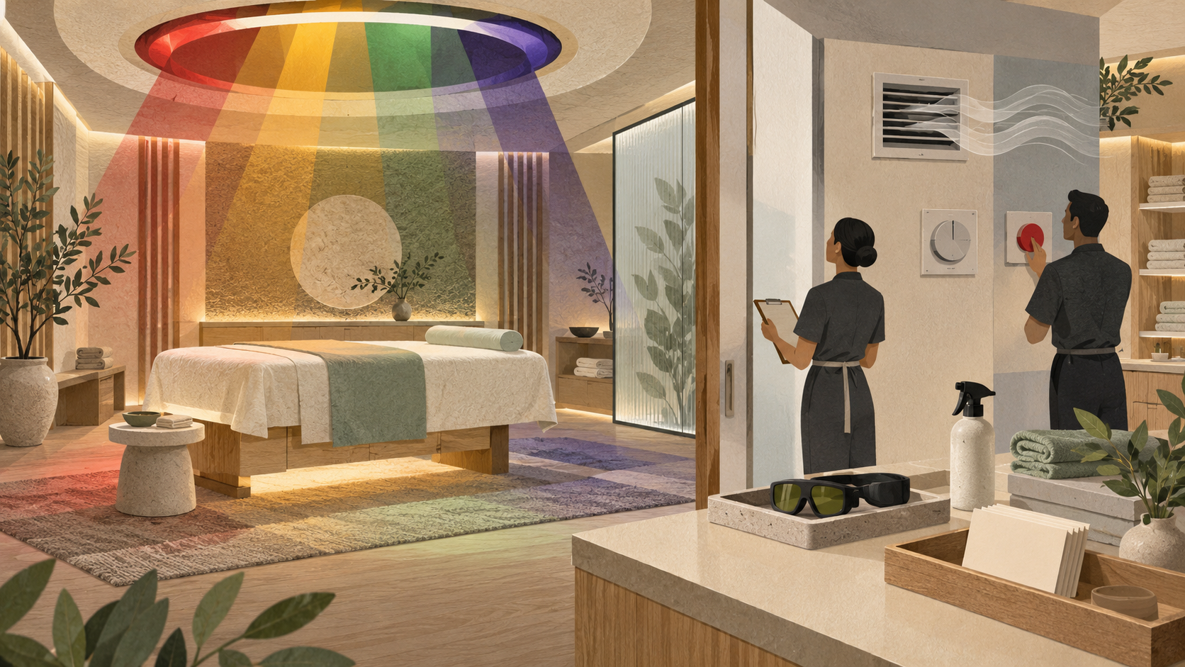 Editorial illustration of two fictional spa staff rehearsing controls in an abstract light-based treatment suite