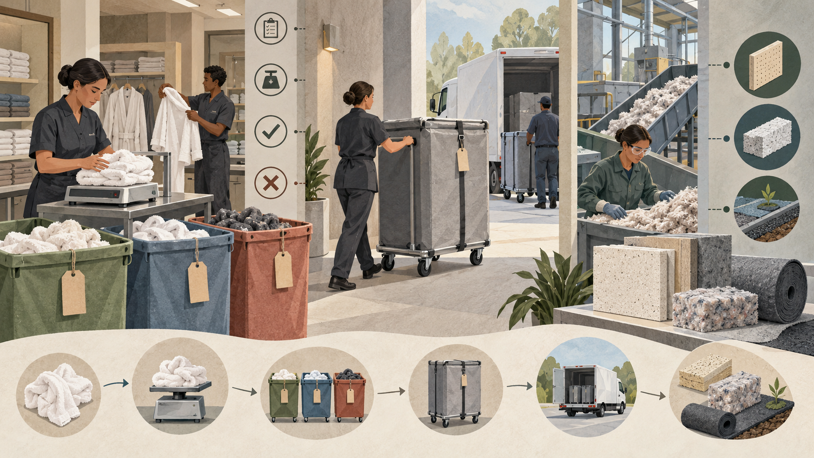 Editorial illustration of a fictional spa team weighing, sorting and documenting textiles through collection and material recovery
