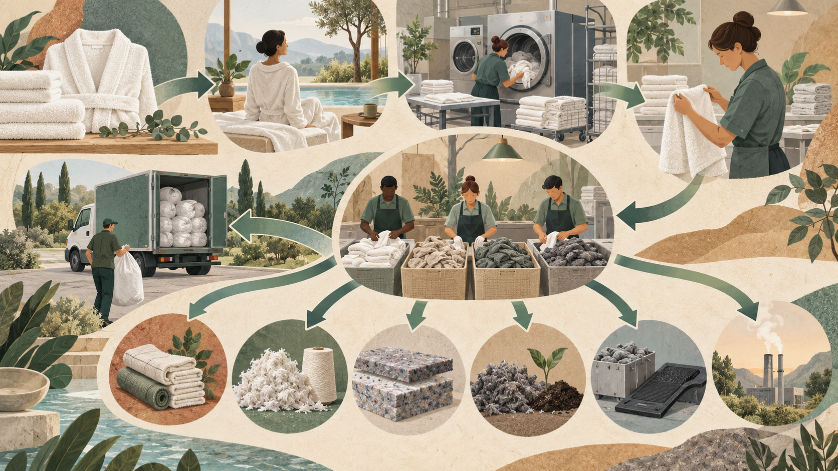 Editorial illustration of a fictional spa textile lifecycle from towels and robes through use, laundering, sorting, collection and multiple material routes