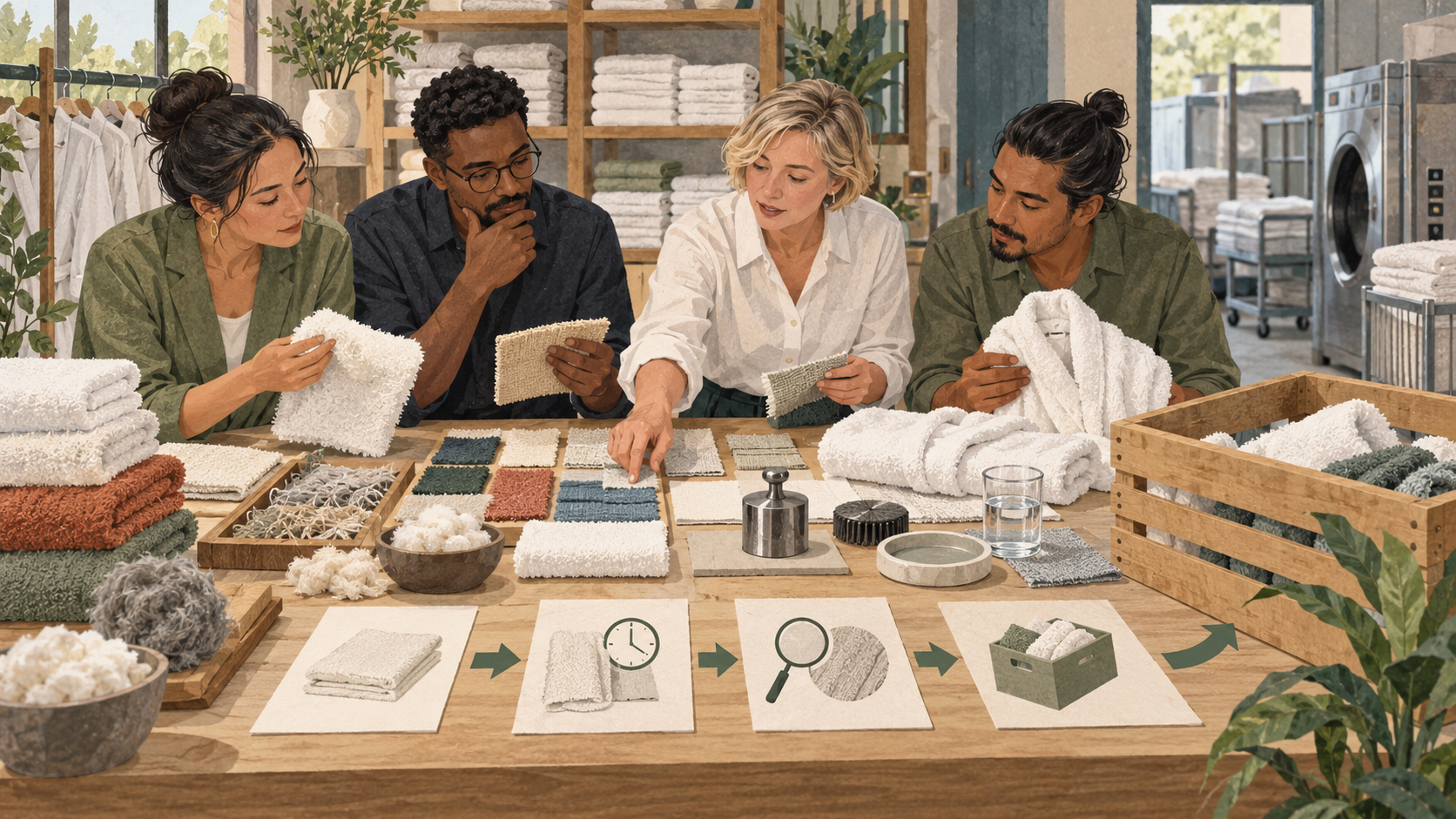 Editorial illustration of fictional spa professionals specifying textile durability, inspection and return routes before procurement