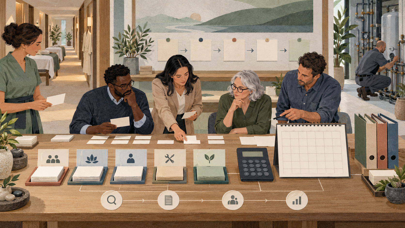 Editorial illustration of a fictional spa team reconciling blank evidence cards, folders, capacity, training and maintenance checkpoints