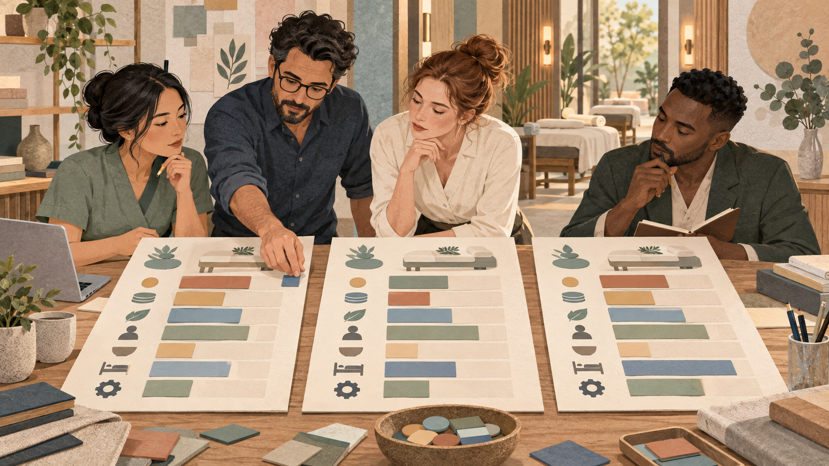 Editorial illustration of fictional spa professionals comparing three blank pricing and operating scenario boards